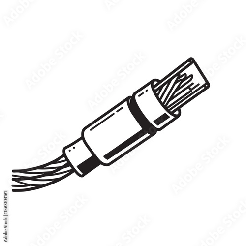 Simplified line art illustration of an ethernet cable connector with exposed wires and an ornamental design