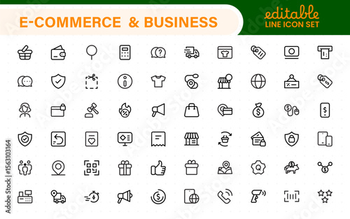 E-Commerce set of web icons in line style. Online shopping icons for web and mobile app. Business, mobile shop, digital marketing, bank card, gifts, sale, delivery. Vector illustration