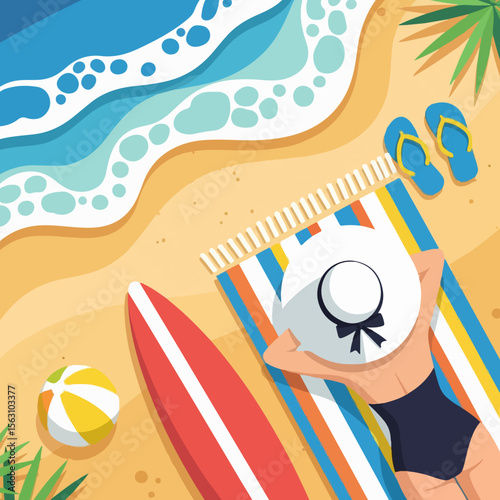 Overhead Flat Illustration of Woman Sunbathing on a Colorful Beach Towel by the Ocean