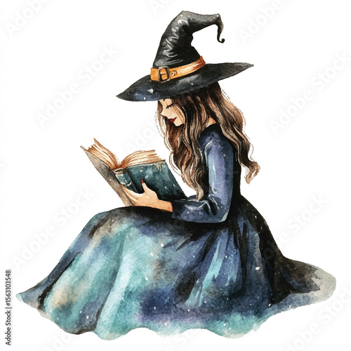 Watercolor Witch Reading Spellbook Wearing Hat and Flowing Dress Sitting Down
