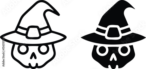 Cute Witch Skull Vector Icons – Black and White Halloween Cartoon Head Illustration