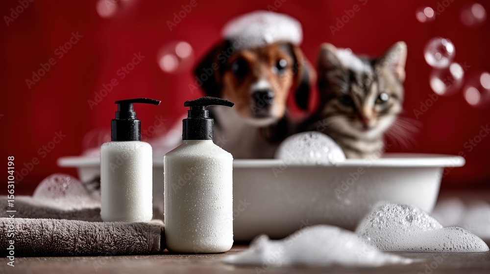 Chien et chat dans une baignoire avec shampoings pour animaux