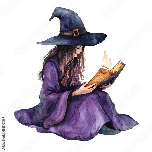 Watercolor Witch Reading Spellbook with Glowing Flame Wearing Hat and Robe