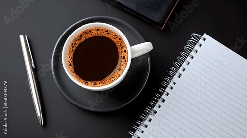 A cup of coffee on a desk with a notebook and pen. long_title:A steaming cup of freshly brewed coffee sitting on a dark desk, accompanied by a