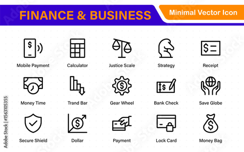 Finance and business line icons collection. Big UI icon set in a flat design. Thin outline icons pack.