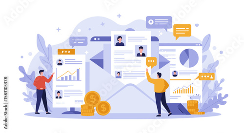 Business communication and data analysis vector illustration for financial and statistical reports