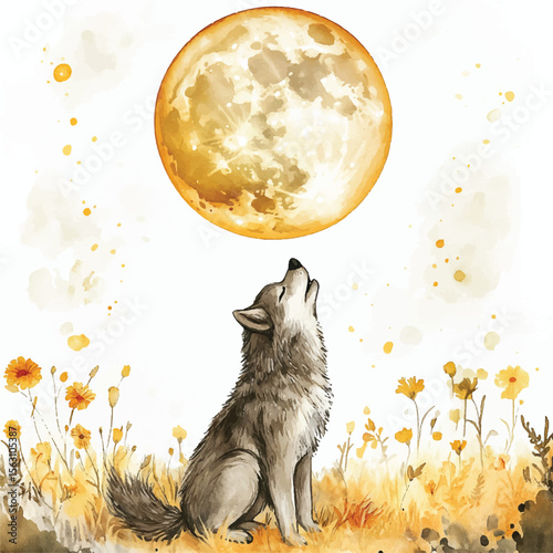 Watercolor Wolf Howling at a Golden Moonlit Meadow (1)