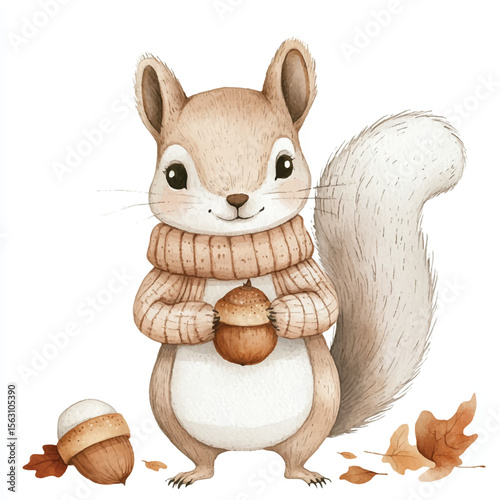 Watercolor Squirrel with Cozy Scarf Holding an Acorn Surrounded by Fallen Leaves