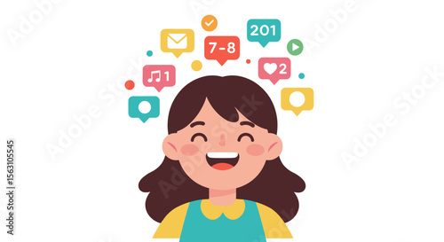 Happy girl surrounded by social media icons vector illustration for digital communication design