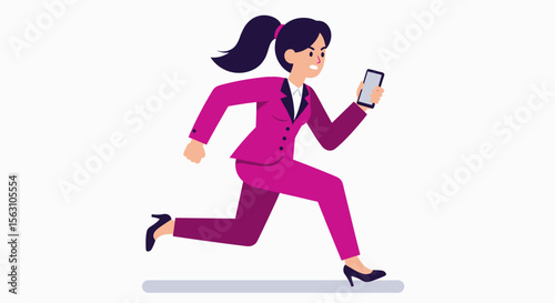 Businesswoman running with mobile phone vector illustration - flat style for corporate design