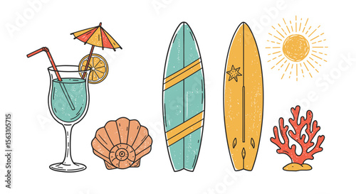 Summer beach essentials vector illustration: surfboard, cocktail, and seashell design for posters