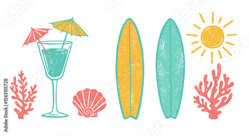 Tropical beach elements vector illustration: surfboards, cocktail, shells, coral, and sun design for summer graphic projects