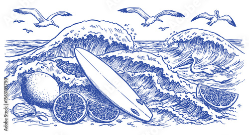 Hand drawn summer beach scene vector illustration with surfboard and citrus fruits for poster design