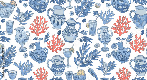 Seamless mediterranean pottery and coral vector illustration for decorative design