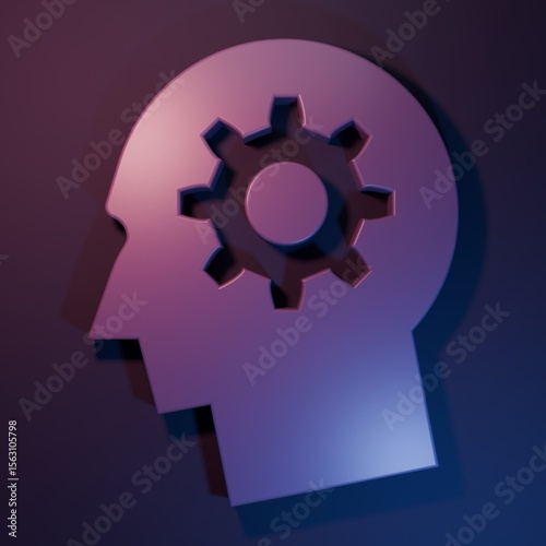 Purple Human head with gear inside icon isolated on purple-blue background. Artificial intelligence. Thinking brain. Symbol work of brain. Minimalism concept. 3D render illustration