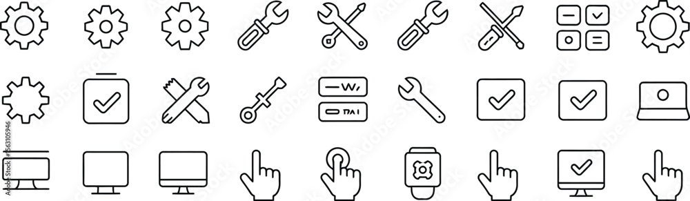 Settings and User Interface Line Icons Featuring Gears, Tools, Touch Controls, Monitors, and Checklist Elements Settings and User Interface Line Icons Featuring Gears, Tools, Touch Controls, Monitors, and Checklist Elements