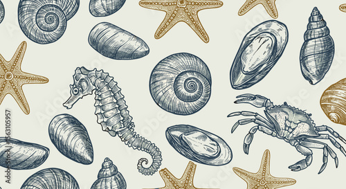 Nautical themed vector illustration of seashells and marine life for pattern design