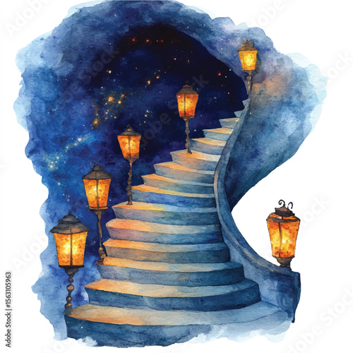 Watercolor Staircase Ascending into a Starry Night Sky with Lanterns