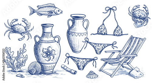 Hand drawn beach and sea life vector illustration featuring swimwear and marine elements