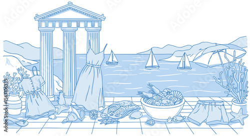Greek summer vacation concept vector illustration with sailboats and coastal icons for poster design