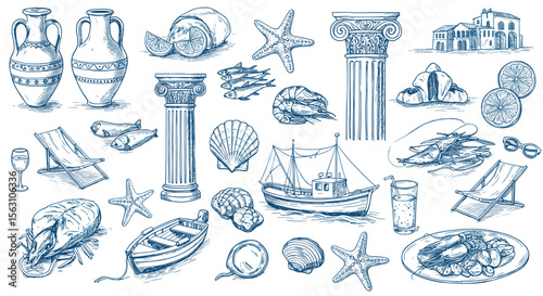 Mediterranean summer elements vector illustration for travel and design inspiration in hand drawn style