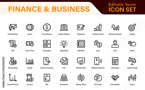 Finance and business line icons collection. Big UI icon set in a flat design. Thin outline icons pack.