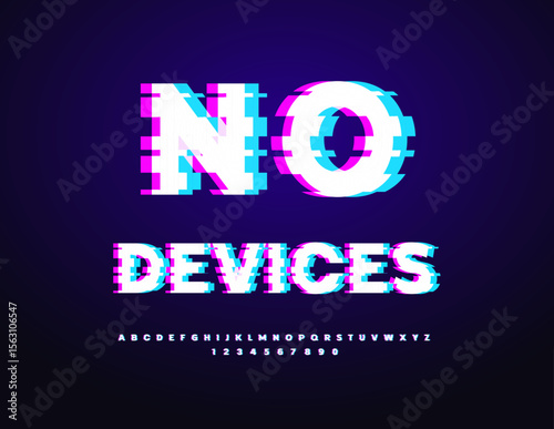 Vector Digital Slogan No Devices. Glitched Pixels Font. Uppercase Broken Effect Alphabet Letters and Numbers set.