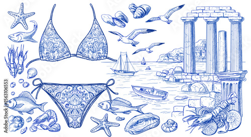 Coastal summer design vector illustration with sea creatures and ancient ruins in blue line art