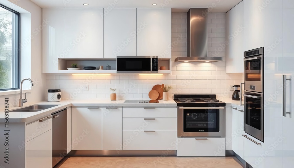 Fototapeta premium Sleek minimalist kitchen with stainless steel appliances and white cabinetry, stainless steel appliances, lighting