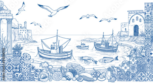 Coastal seafood and nautical scene vector illustration for mediterranean design