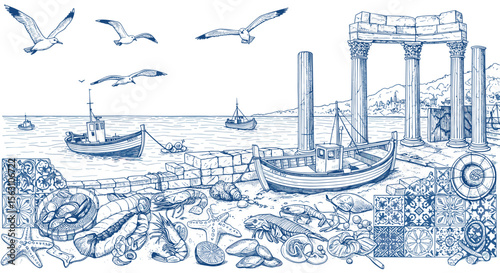 Nautical and ancient coastal scene with boats and sea life - detailed line art vector illustration