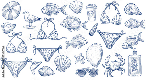 Summer beach essentials vector illustration in hand drawn style for design and decor