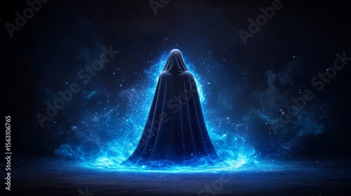 A mysterious cloaked figure casting shadow magic