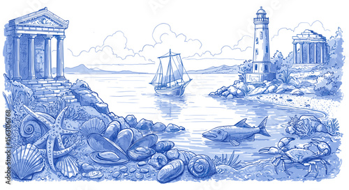 Coastal landscape vector illustration with seashells, lighthouse, and ancient ruins for nautical design
