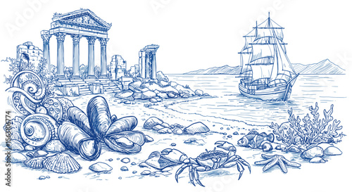 Coastal ancient ruins and marine life vector illustration in hand drawn style