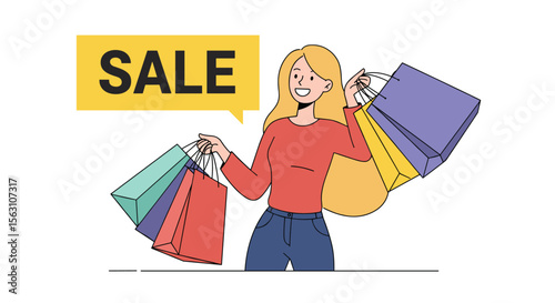 Shopping sale event with smiling character and shopping bags vector illustration for marketing materials