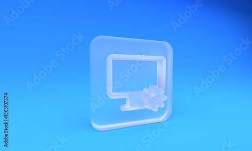 Frosted glass Computer monitor and gear icon isolated on blue background. Adjusting, service, setting, maintenance, repair, fixing. Square frosted glass button. 3D render illustration