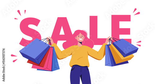 Shopping sale celebration vector illustration with happy woman and shopping bags