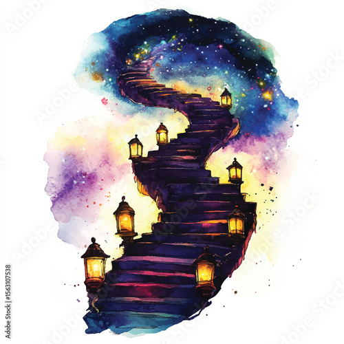 Watercolor Stairway to the Stars Illuminated by Lanterns in the Cosmos