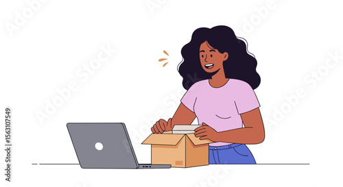 Cartoon woman unboxing package with laptop, vector illustration for e-commerce and online shopping