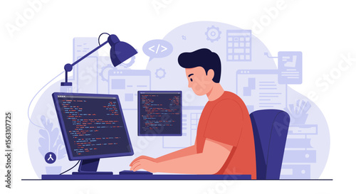 Programmer at work in office setting vector illustration - coding and software development design