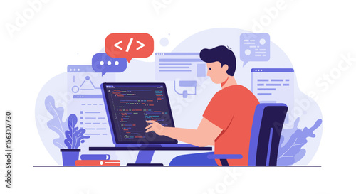Coding and development vector illustration - flat style design for software programming and web development concepts