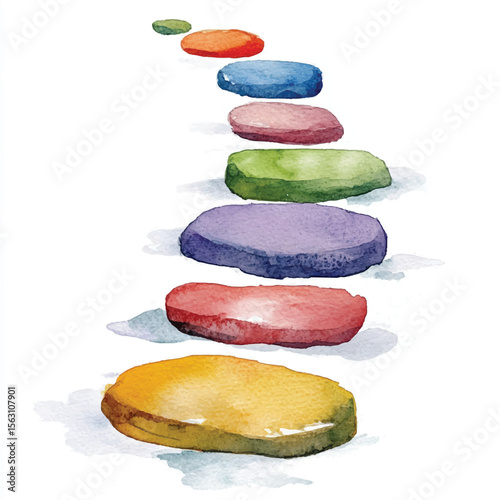 Watercolor stepping stones in vibrant colors ascending a path artistic design