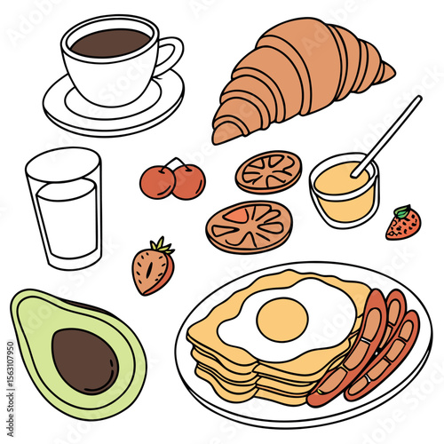 Hand drawn breakfast illustration with coffee, fried egg, croissant, milk, cereal, bacons, sausages, citrus juice, avocado, tomato, 
pancakes