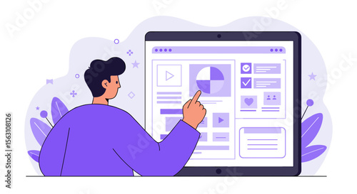 Person interacting with digital interface for data visualization design in modern flat vector illustration