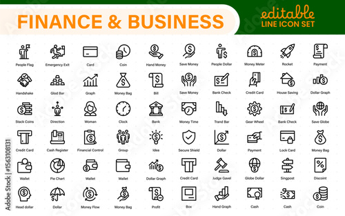 Finance and business line icons collection. Big UI icon set in a flat design. Thin outline icons pack.