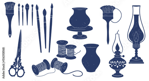 Vintage art tools and antique objects vector illustration in flat style for design projects