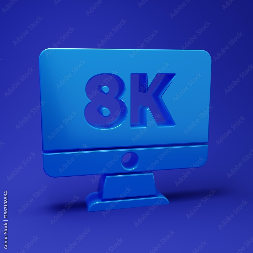 Blue Computer PC monitor display with 8k video technology icon isolated on blue background. Minimalism concept. 3D render illustration Blue Computer PC monitor display with 8k video technology icon isolated on blue background. Minimalism concept. 3D render illustration
