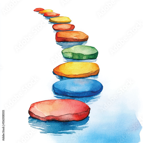 Watercolor stepping stones in vibrant hues leading into a watery path