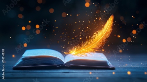 A phoenix feather bookmark glowing with magic
